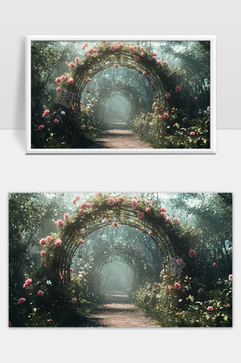 梦幻玫瑰花拱门通向幽静森林小径