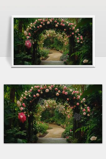 浪漫玫瑰花拱门绿植环绕幽静小径景观