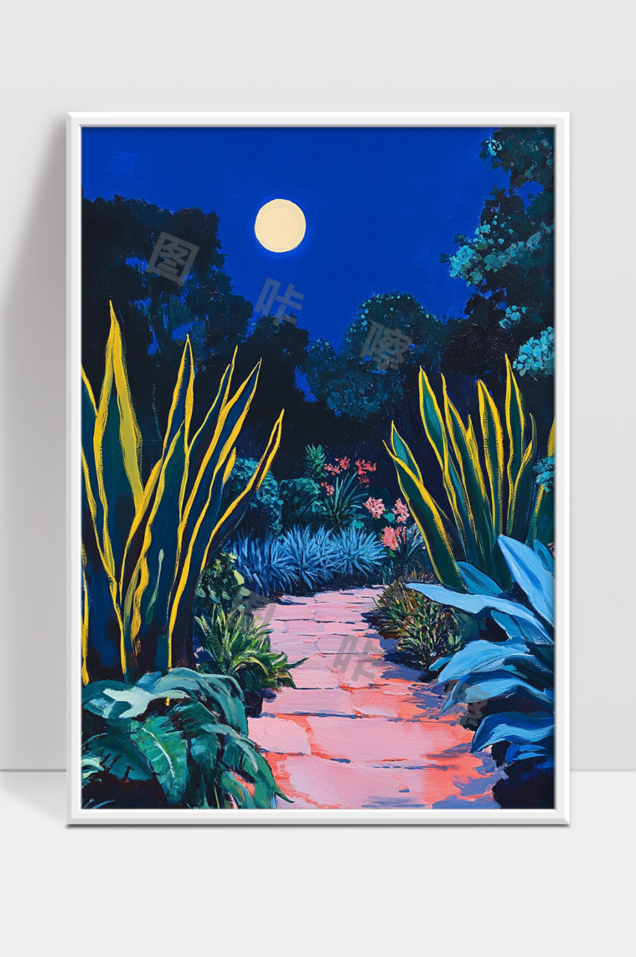 月光下静谧花园中的幽静小径夜色美景