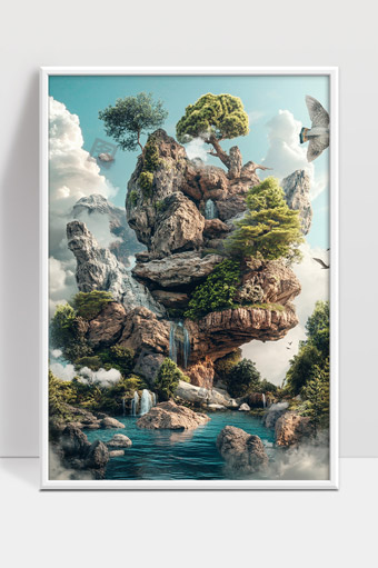 梦幻天空中的悬浮奇石与树木瀑布景观