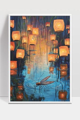 夜晚水面上飞虫与漂浮灯笼的梦幻场景