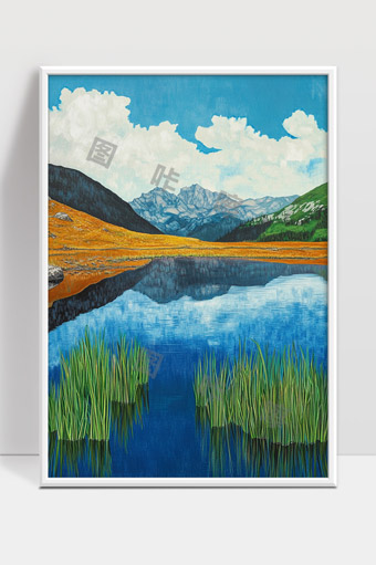 宁静山间湖水倒映蓝天白云自然美景