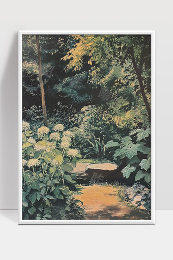 幽静花园中的自然小径阳光斑驳