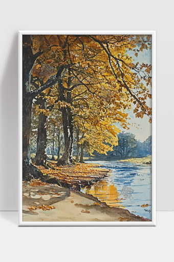 秋日河畔落叶满地宁静自然美景