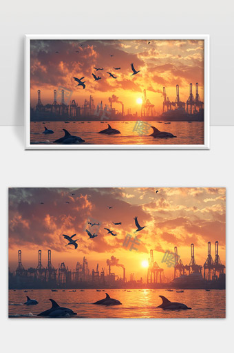 夕阳映照工业港口海豚飞鸟共舞美丽景象