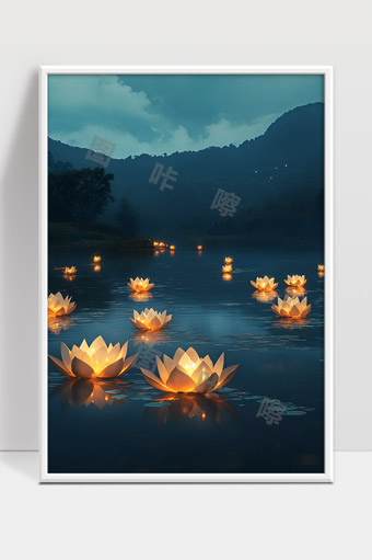 夜晚湖面漂浮的水灯映照宁静山水风光
