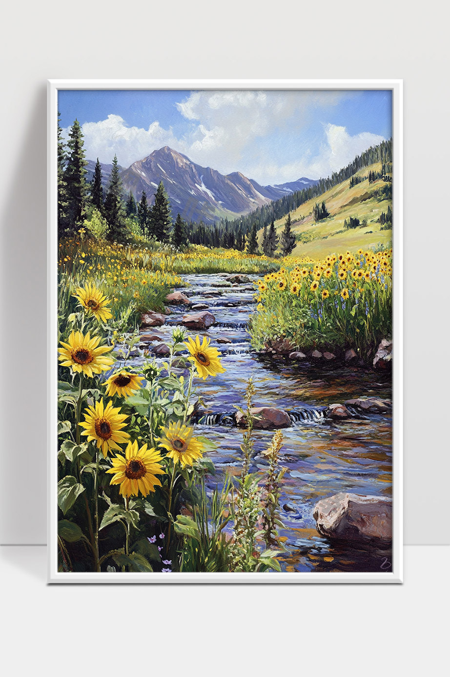 阳光下的山间溪流与盛开的向日葵花海