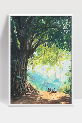 古树下休憩的人们阳光洒落自然风光美丽景象