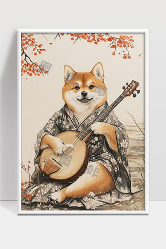 柴犬古风穿着花和服弹奏乐器秋季意境绘画