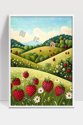 田园草莓花海绿色山丘宁静乡村风景绘画