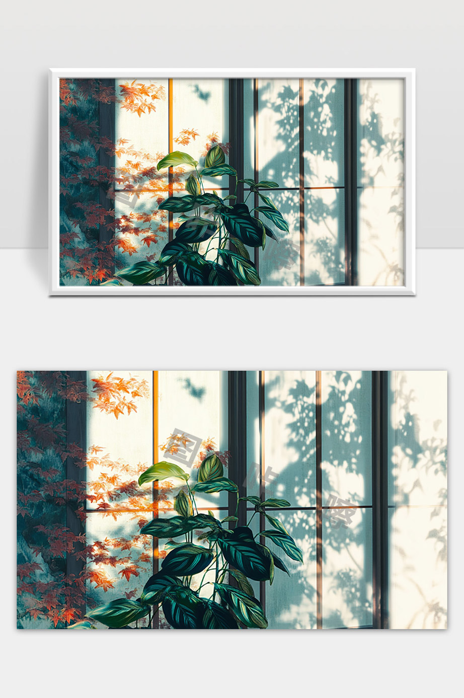 窗边绿色植物静谧生活温暖阳光自然光影交织