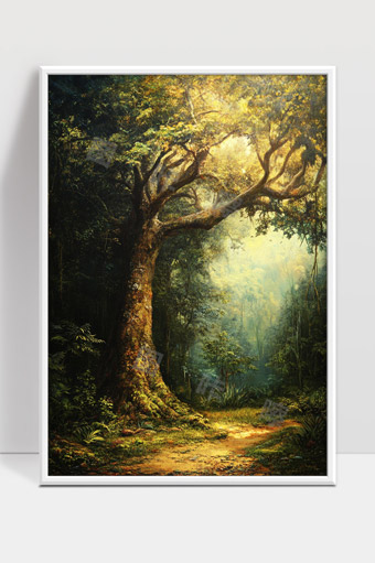 阳光洒落林间古树下的幽静森林小径