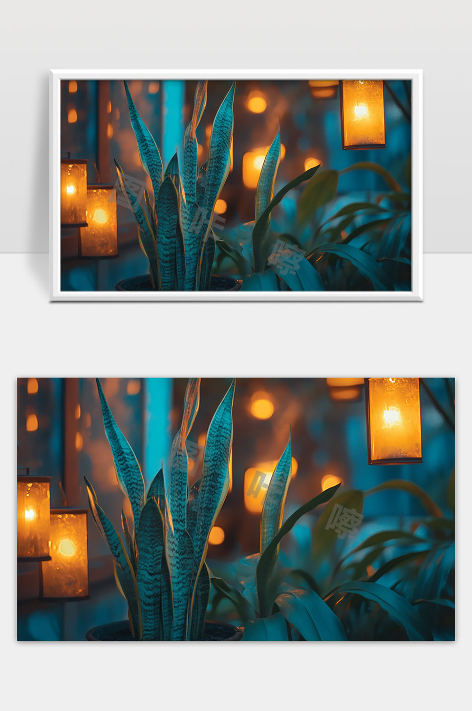 温馨夜晚植物与灯光营造宁静温暖氛围