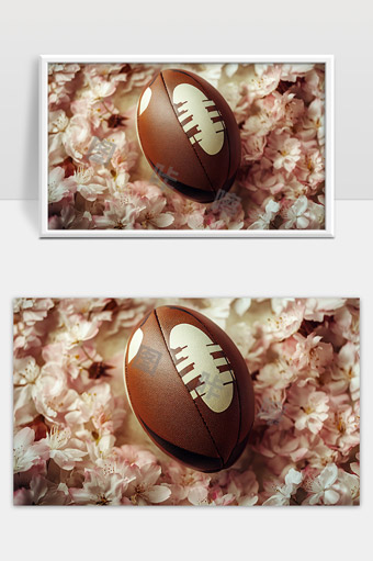 橄榄球与盛开粉色樱花的唯美组合表达春天气息