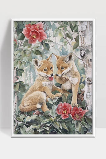 森林中两只小狐狸嬉戏花丛间的宁静时光