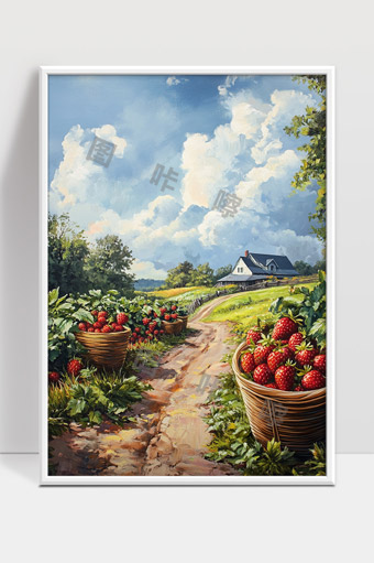 田园草莓丰收路径乡村风光风景油画作品