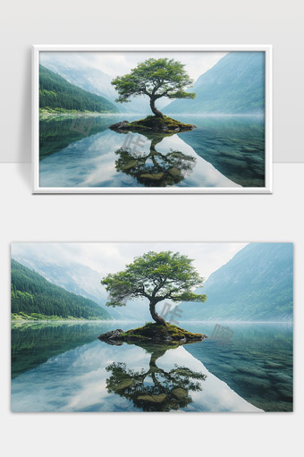 宁静湖面上的孤独树木山水自然美景