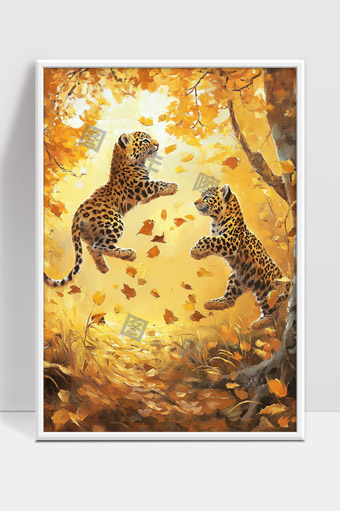 秋日森林中跃动的两只幼豹嬉戏画面