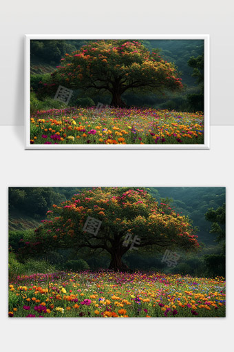 繁花盛开古树下绚丽多彩的花海美丽田园风光
