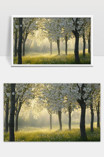 春日清晨果园白花盛开阳光洒满草地