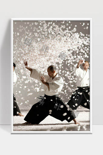 三位武术大师身着传统服饰舞动樱花瓣的禅意画面