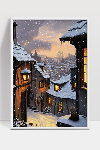 冬季黄昏雪夜中宁静古镇温暖灯光下的小路