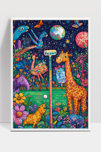 奇幻星空下的彩色动物与花园世界