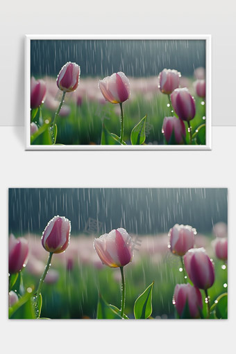 细雨中的郁金香花朵晶莹剔透美丽绽放