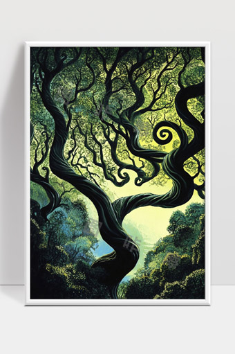 光影交织中神秘扭曲古树森林景象