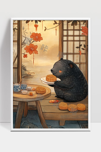 黑熊与中秋月饼古风庭院温馨时刻