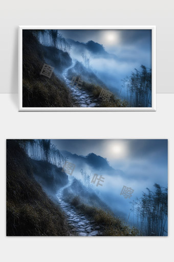 月光下雾气弥漫的山间幽静小径夜色迷离
