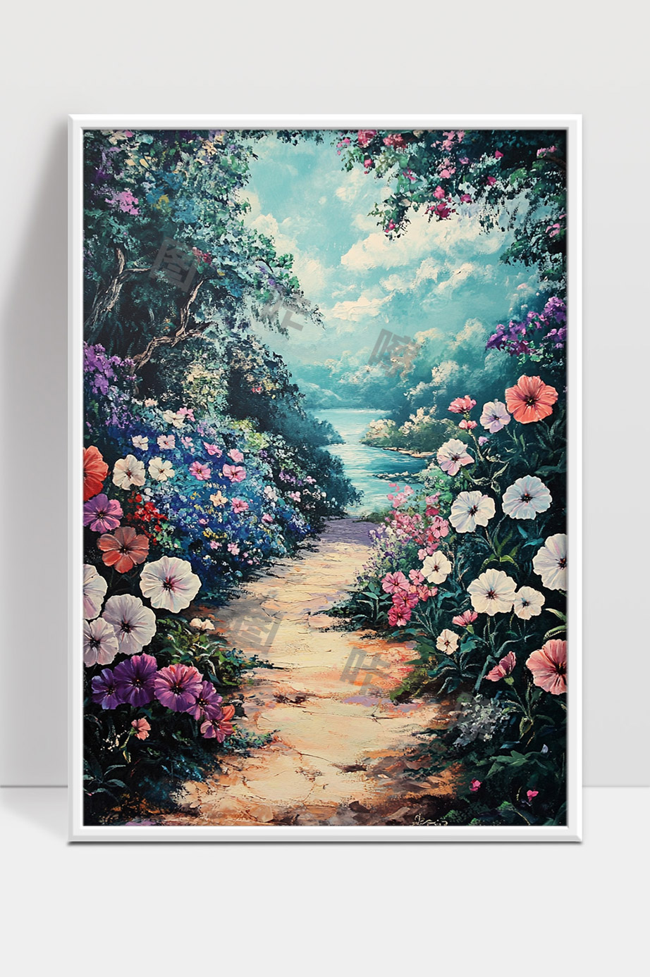 春日花园小径绽放五彩斑斓鲜花风景画
