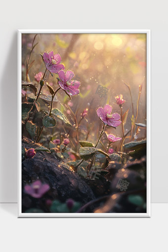 清晨阳光下露珠沾染的紫色野花绽放美景