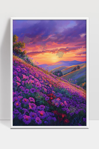 暮色山坡绽放的紫色花海美丽自然风光