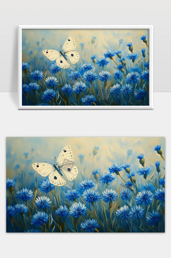 蓝色花海中白色蝴蝶翩翩起舞唯美场景