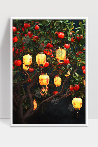 灯笼装饰的柿子树中秋佳节氛围浓厚美丽夜景