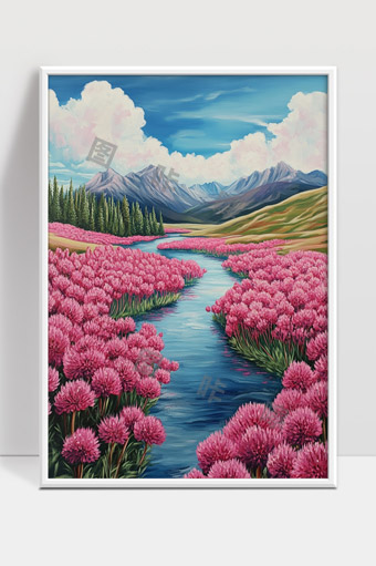 绵延群山间绽放的粉色花海和蜿蜒溪流美景