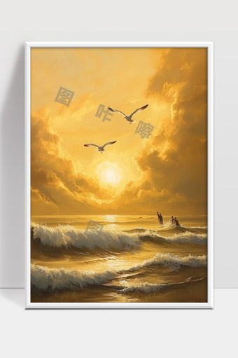 金色晨曦下海浪飞鸟与游人共舞的唯美海岸景象
