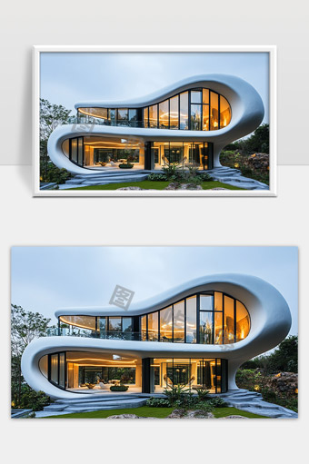 现代曲面玻璃别墅建筑设计极简风格室内外景观