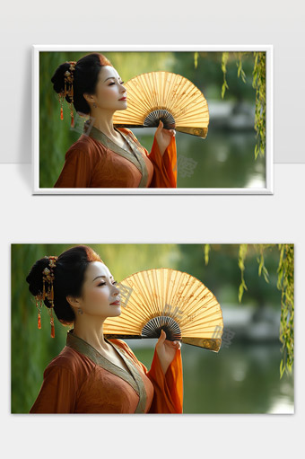 古风佳人手持折扇静赏湖边自然美景