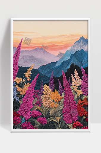 绚丽山谷花海与远山晚霞景色唯美画面