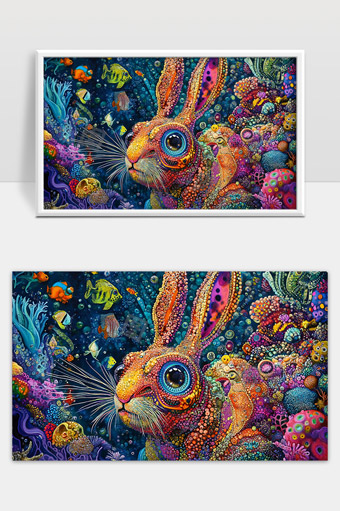 梦幻海底世界中五彩斑斓的兔子奇幻生物