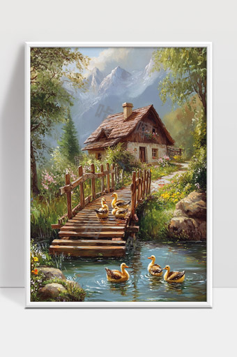 宁静乡村小屋桥上鸭群山水景色画作