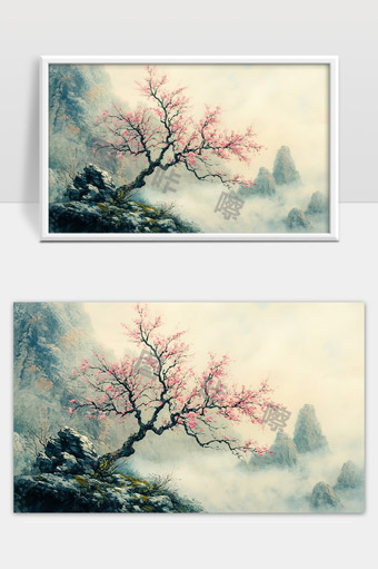 云雾缭绕中的山间梅花古树傲然绽放美景