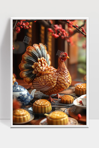精美陶瓷公鸡与传统中秋月饼静物摆设