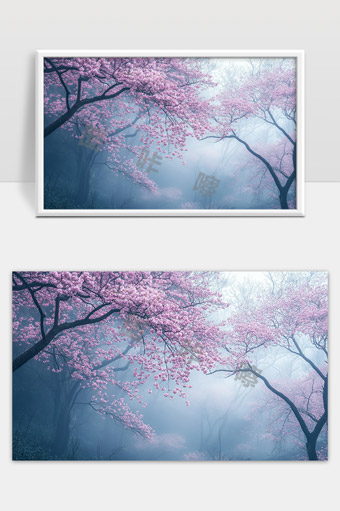 迷雾中绽放的粉色樱花梦幻森林景色
