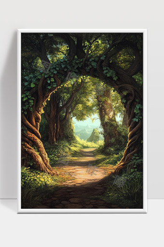 幽静森林古树环绕阳光洒落小径通向远山