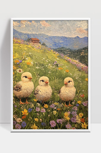 春日野外三只雏鸡与五彩斑斓野花温馨田园风光
