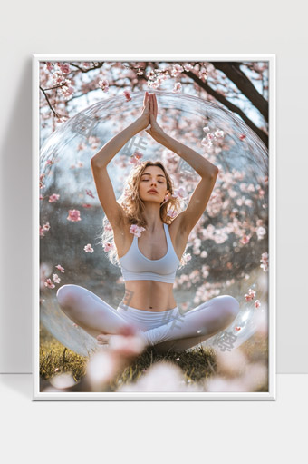 春日花海中瑜伽冥想女子展现身心和谐之美