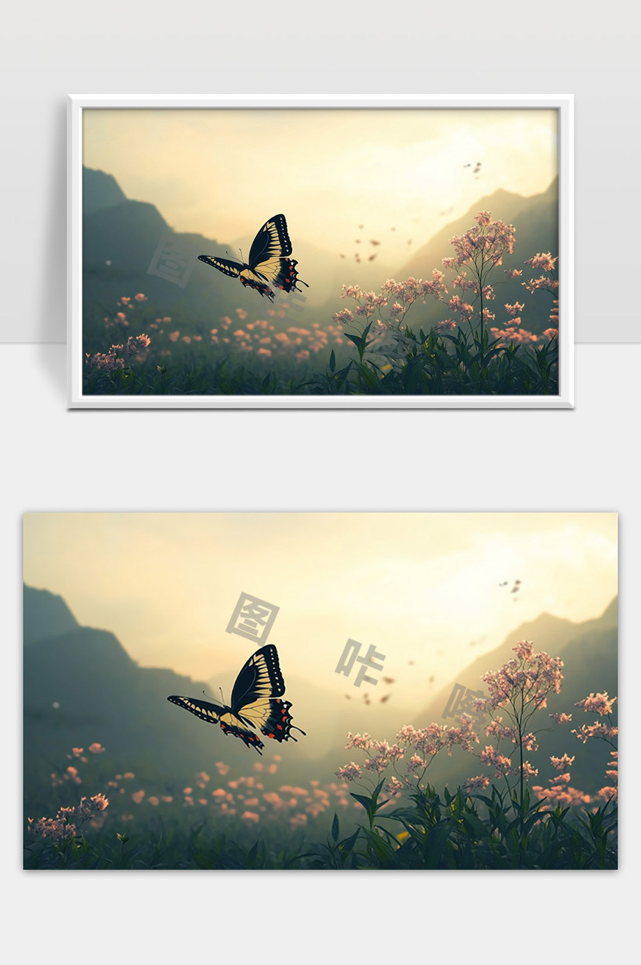 晨光中的蝴蝶舞动花间自然美景